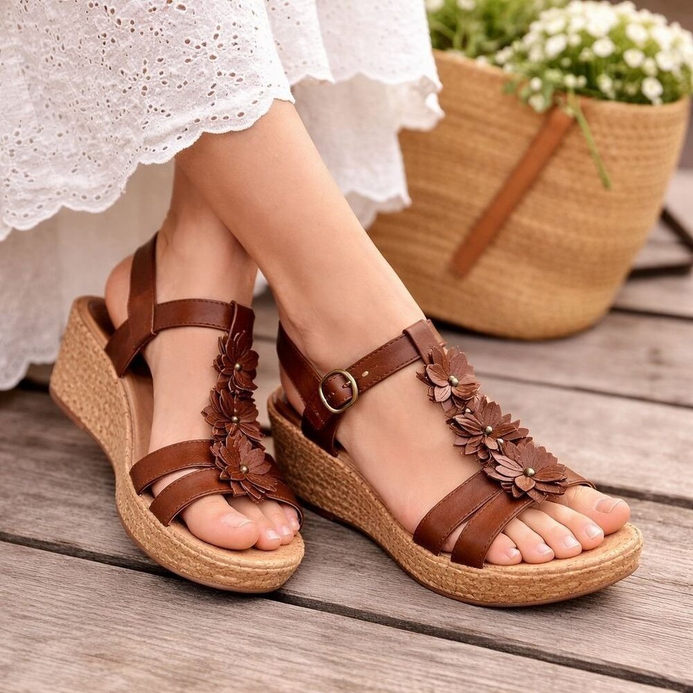 Yuu Roonie Wedge Sandals Womens 8.5 Brown Leather Floral Cork Summer Shoes